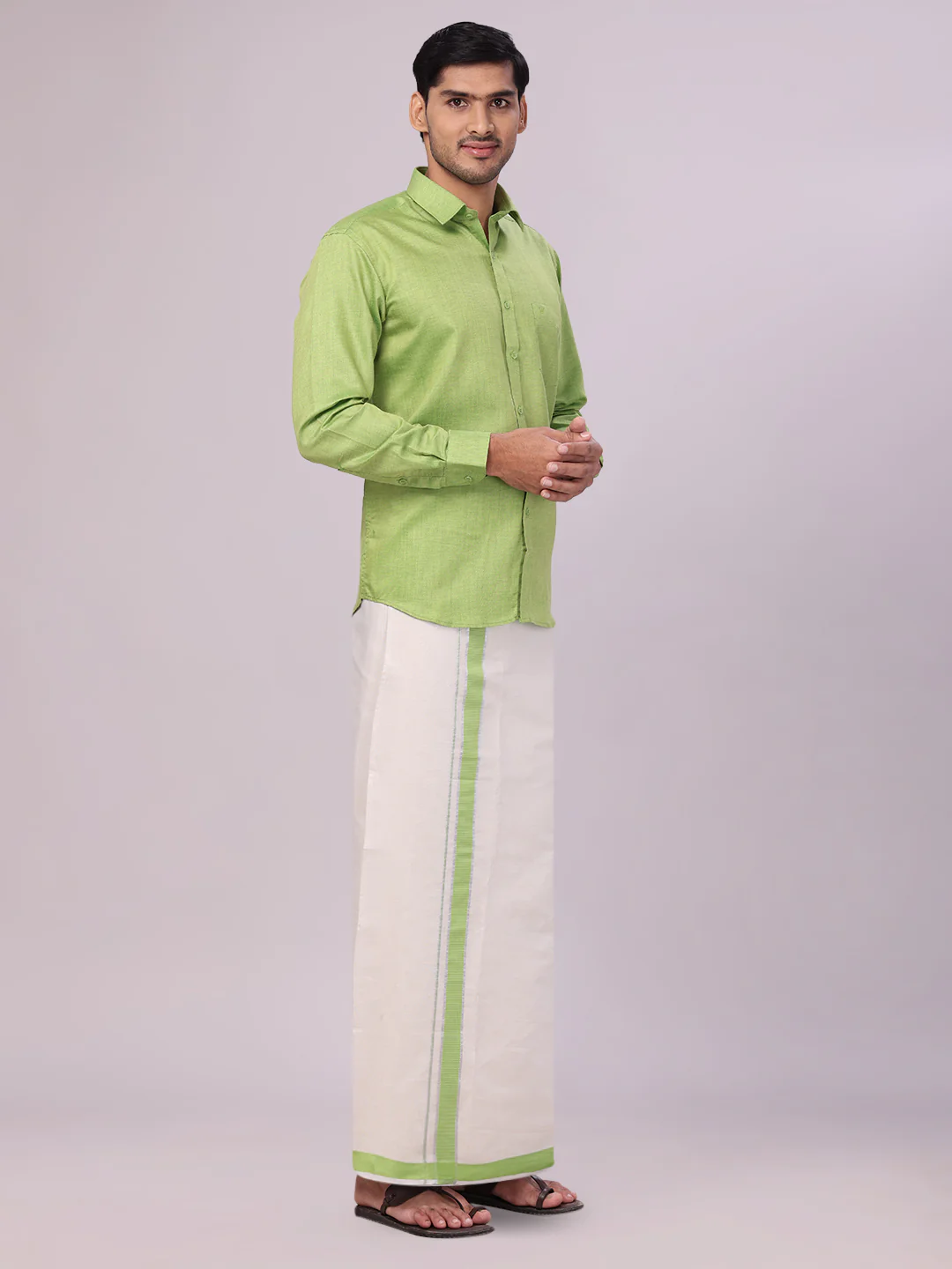 Mens Cotton Light Green Shirt with Tissue Matching Border Dhoti Wedding Combo Kandala - Image 3