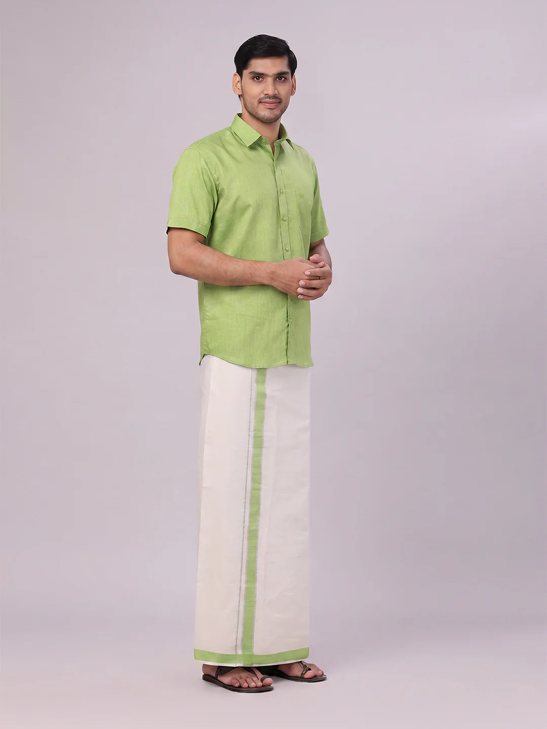 Mens Cotton Light Green Shirt with Tissue Matching Border Dhoti Wedding Combo Kandala - Image 4