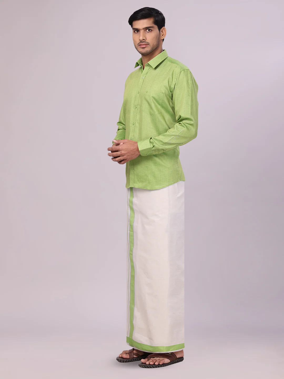 Mens Cotton Light Green Shirt with Tissue Matching Border Dhoti Wedding Combo Kandala - Image 5