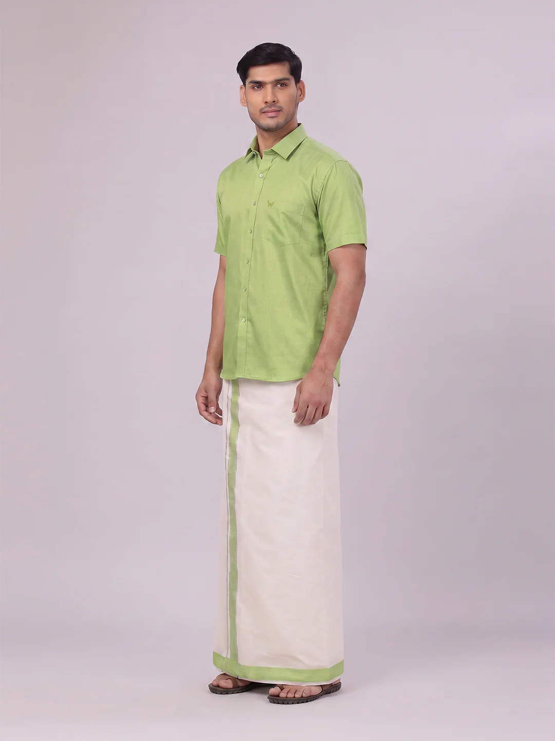 Mens Cotton Light Green Shirt with Tissue Matching Border Dhoti Wedding Combo Kandala - Image 6