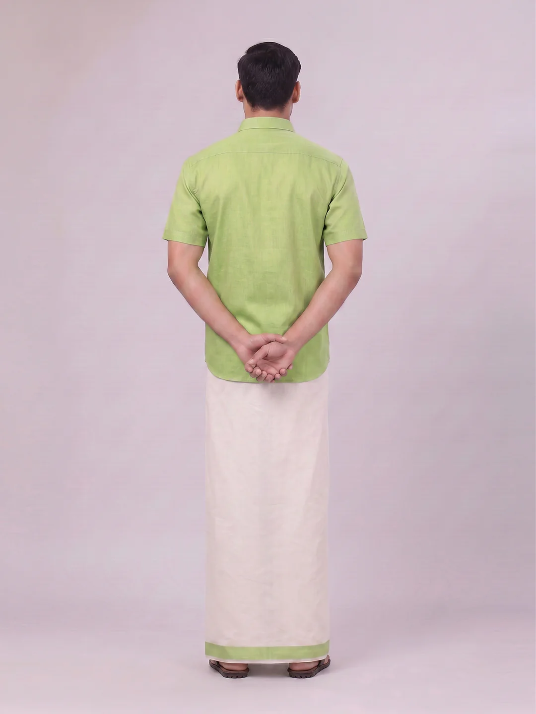 Mens Cotton Light Green Shirt with Tissue Matching Border Dhoti Wedding Combo Kandala - Image 8