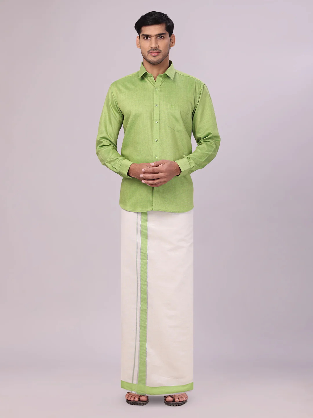 Mens Cotton Light Green Shirt with Tissue Matching Border Flexi Dhoti Wedding Combo Kandala