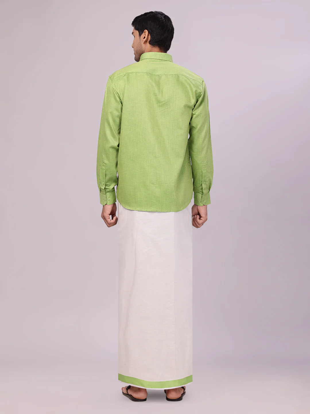 Mens Cotton Light Green Shirt with Tissue Matching Border Flexi Dhoti Wedding Combo Kandala - Image 5