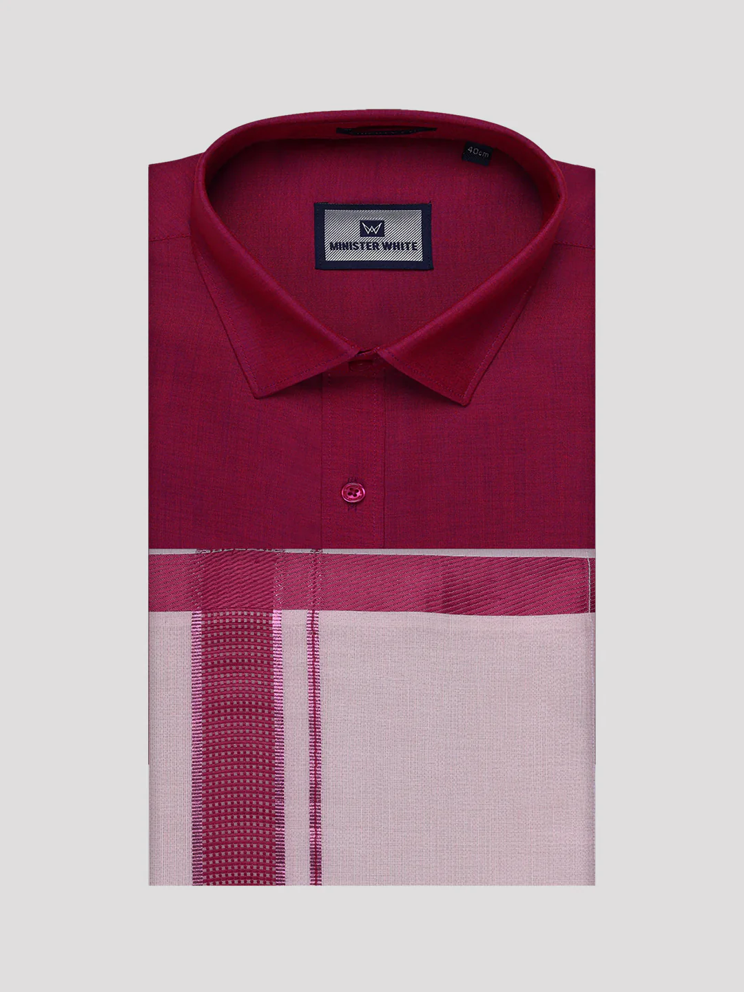 Mens Cotton Magenta Shirt with Tissue Matching Border Dhoti Wedding Combo Kandala - Image 10