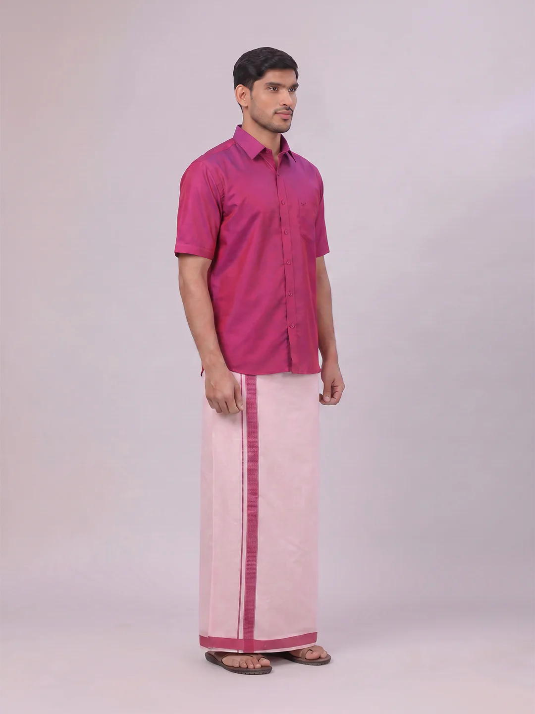 Mens Cotton Magenta Shirt with Tissue Matching Border Dhoti Wedding Combo Kandala - Image 4