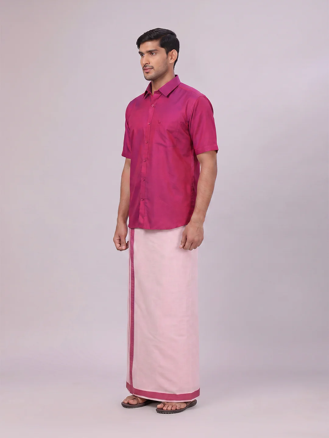 Mens Cotton Magenta Shirt with Tissue Matching Border Dhoti Wedding Combo Kandala - Image 6