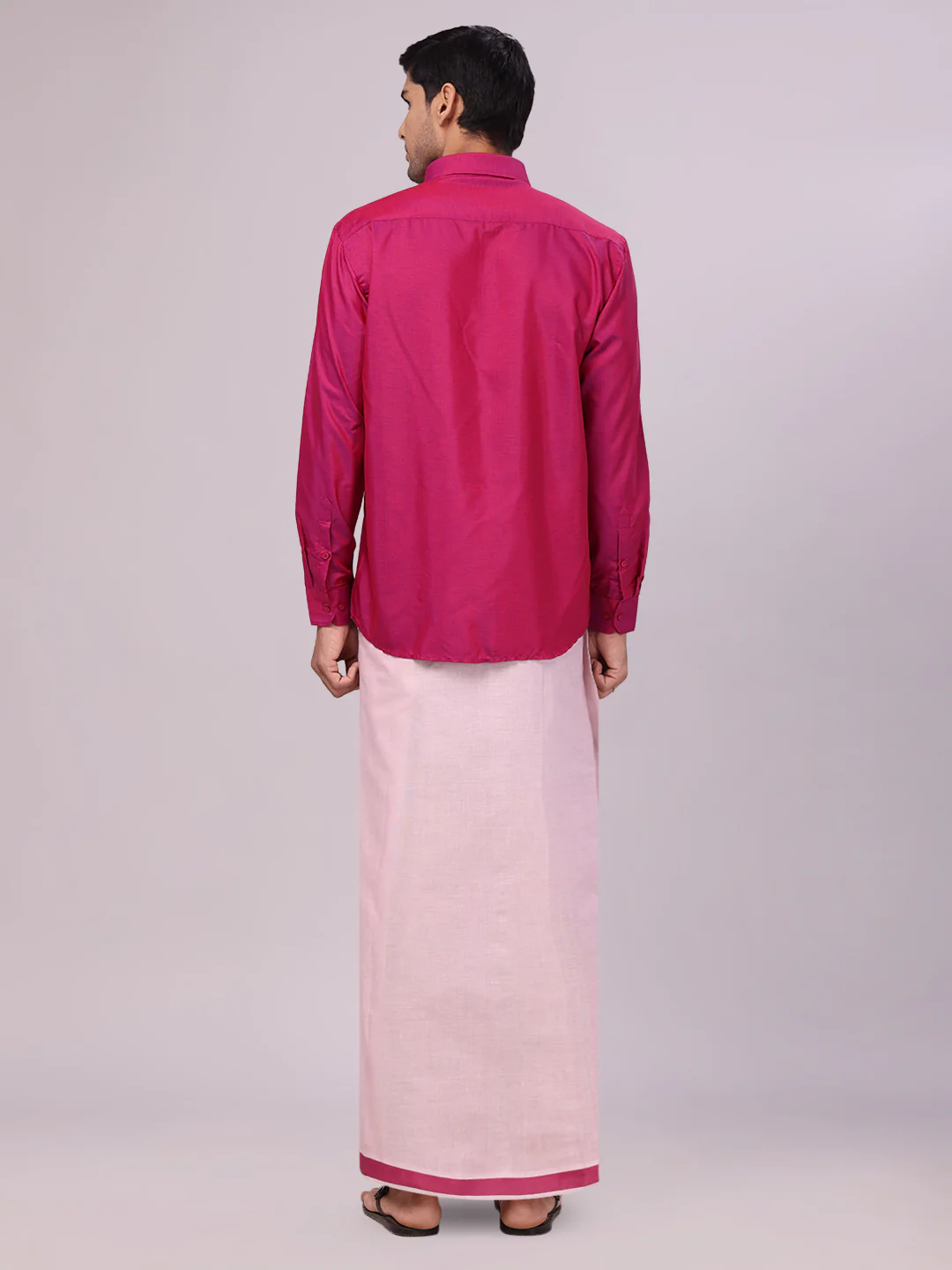 Mens Cotton Magenta Shirt with Tissue Matching Border Dhoti Wedding Combo Kandala - Image 7