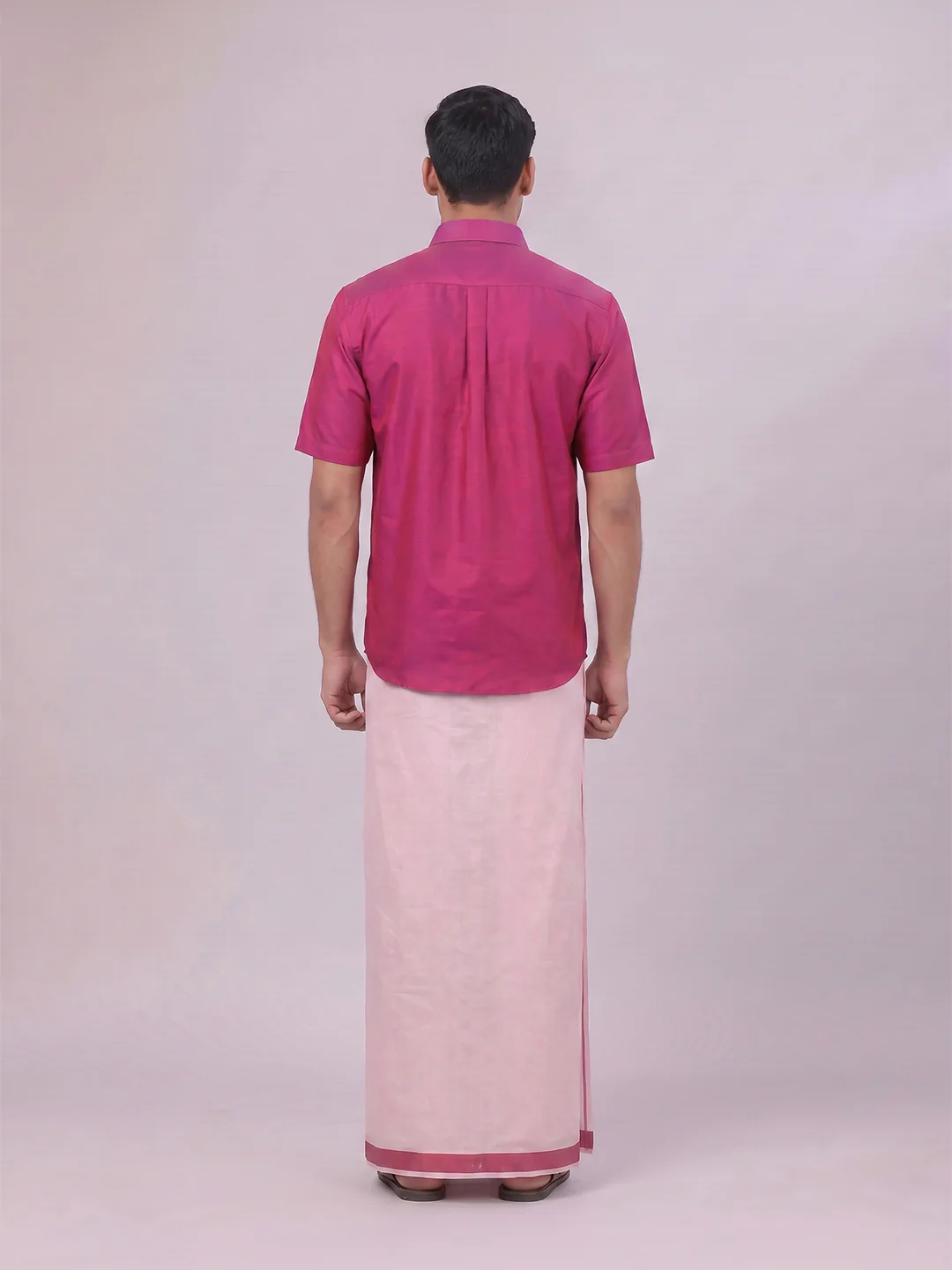 Mens Cotton Magenta Shirt with Tissue Matching Border Dhoti Wedding Combo Kandala - Image 8