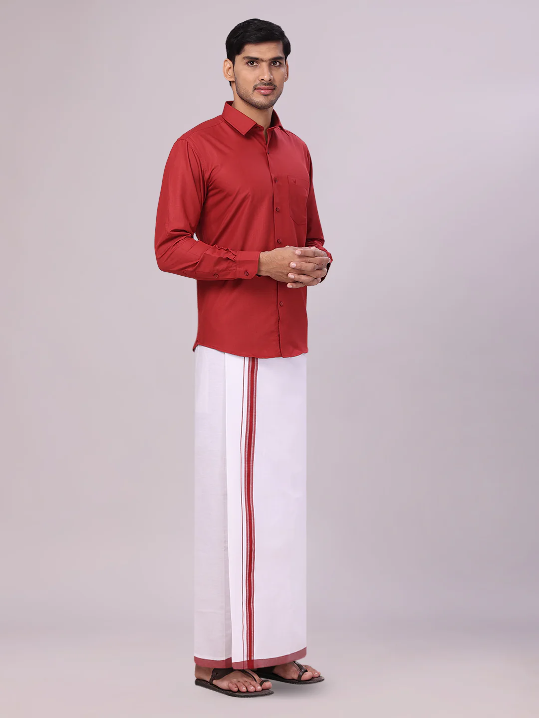 Mens Cotton Maroon Matching Shirt and Dhoti Combo Luster - Image 5