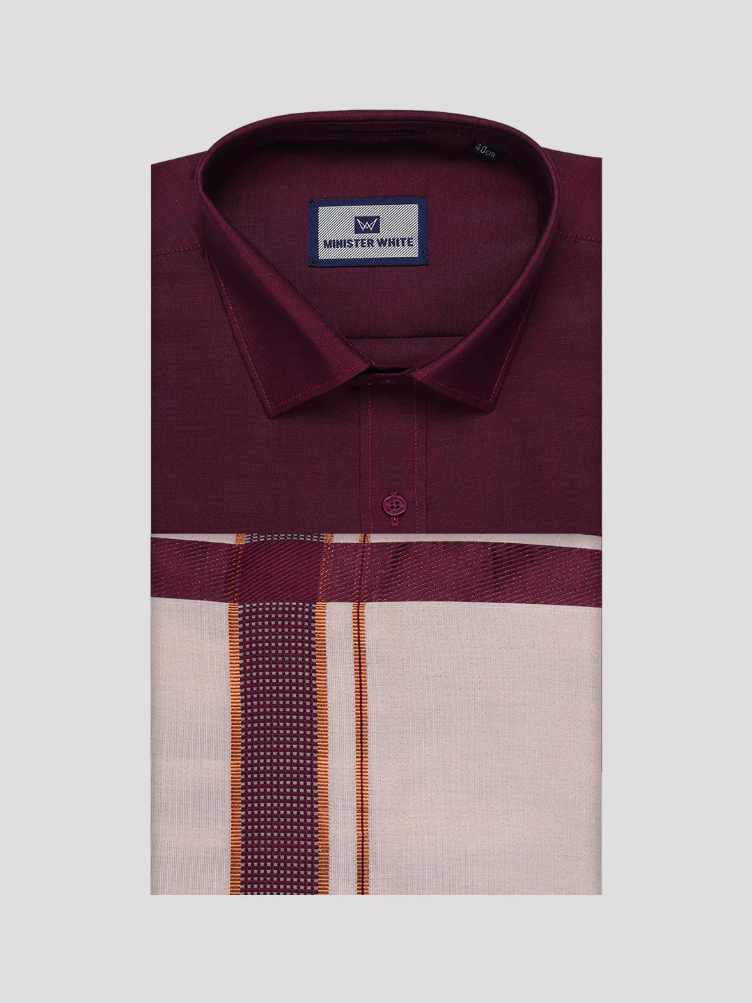 Mens Cotton Maroon Shirt with Tissue Matching Border Dhoti Wedding Combo Kandala - Image 11