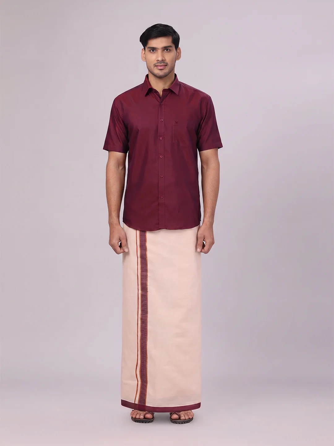 Mens Cotton Maroon Shirt with Tissue Matching Border Dhoti Wedding Combo Kandala - Image 2