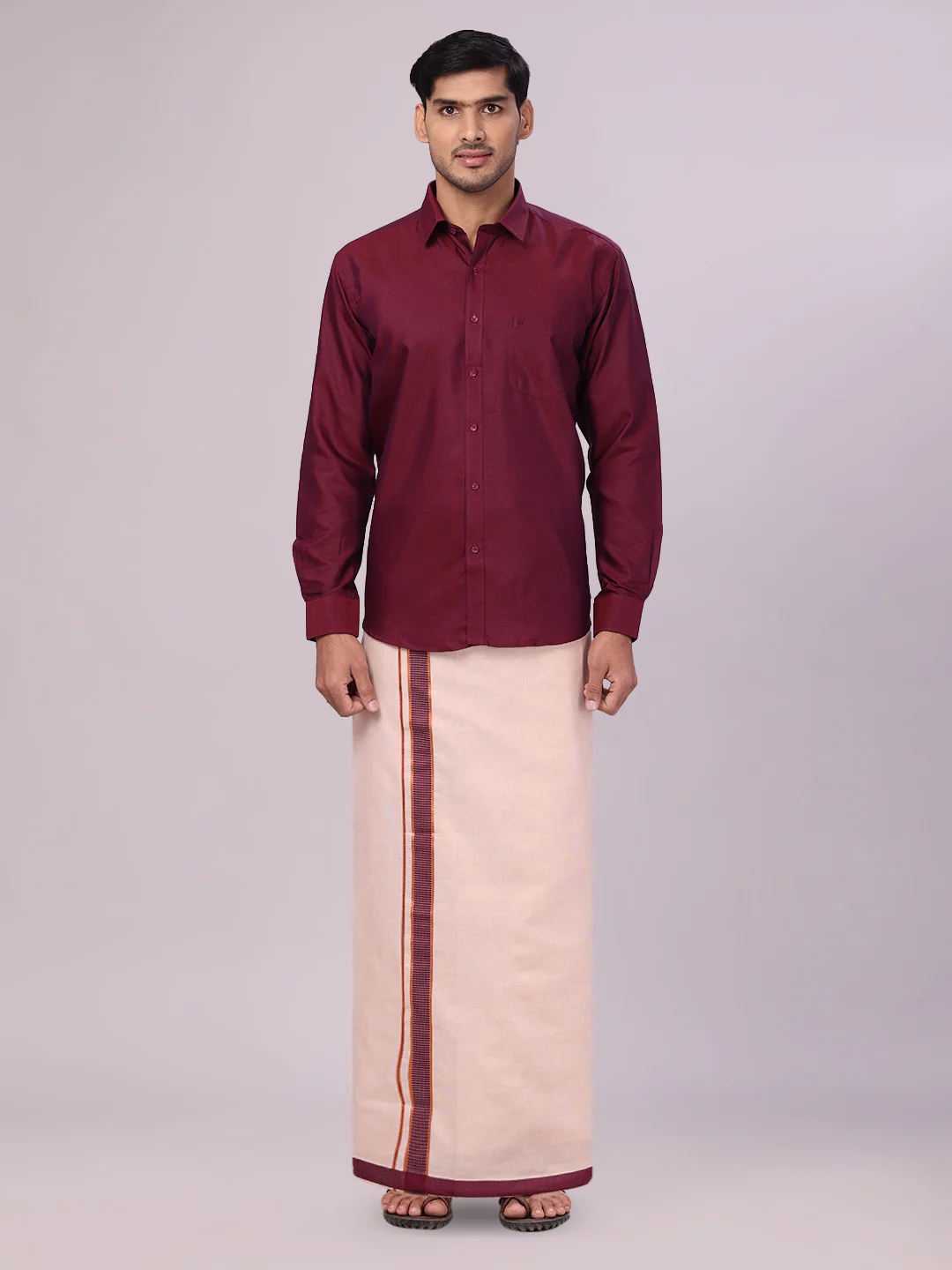 Mens Cotton Maroon Shirt with Tissue Matching Border Dhoti Wedding Combo Kandala - Image 3