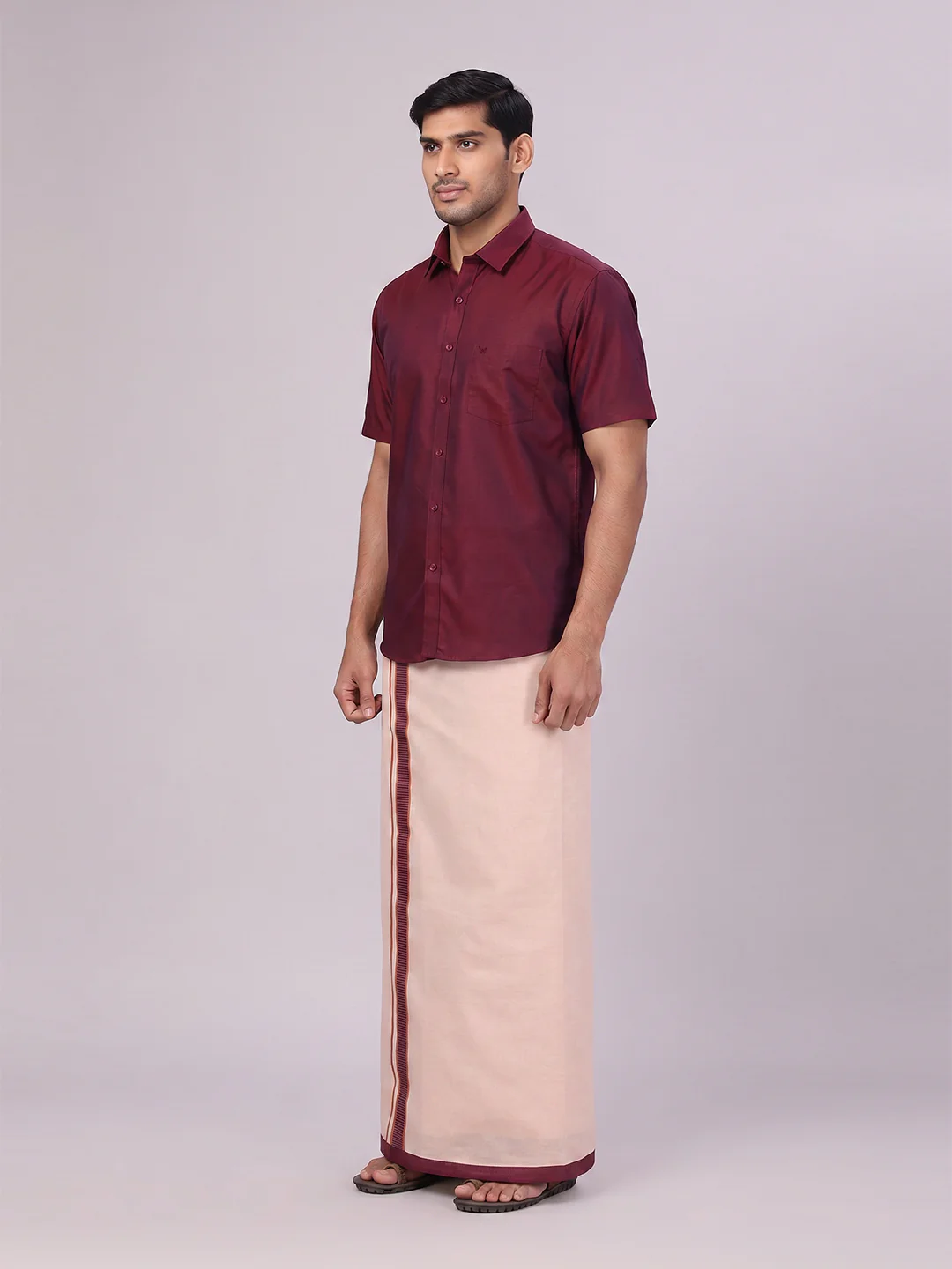 Mens Cotton Maroon Shirt with Tissue Matching Border Dhoti Wedding Combo Kandala - Image 4