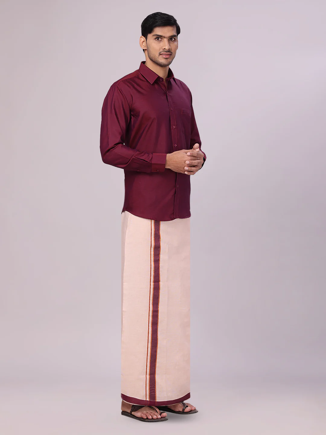 Mens Cotton Maroon Shirt with Tissue Matching Border Dhoti Wedding Combo Kandala - Image 5