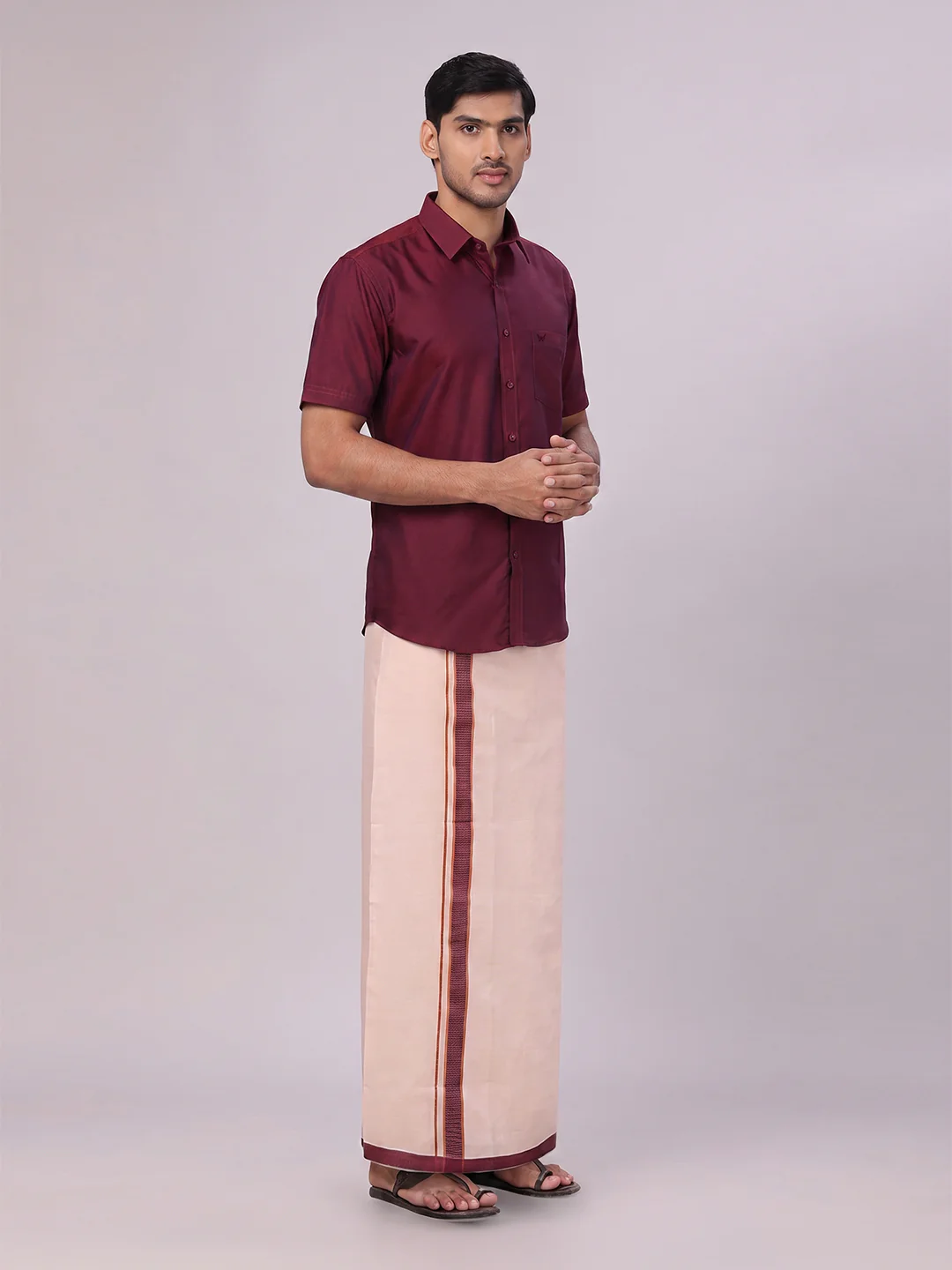 Mens Cotton Maroon Shirt with Tissue Matching Border Dhoti Wedding Combo Kandala - Image 6