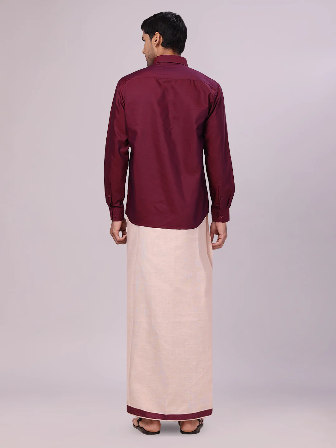 Mens Cotton Maroon Shirt with Tissue Matching Border Dhoti Wedding Combo Kandala - Image 8