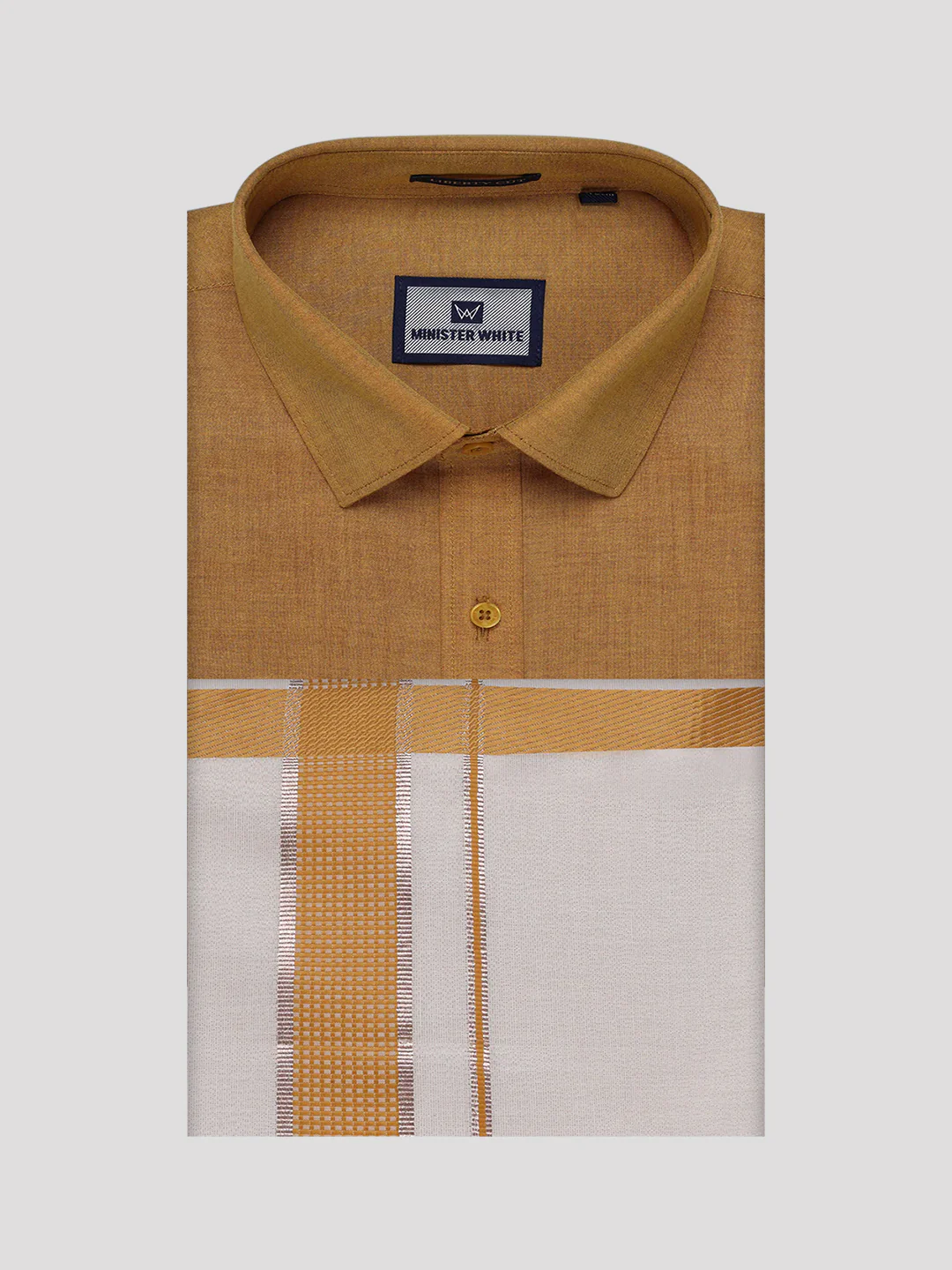 Mens Cotton Mustard Shirt with Tissue Matching Border Dhoti Wedding Combo Kandala - Image 10