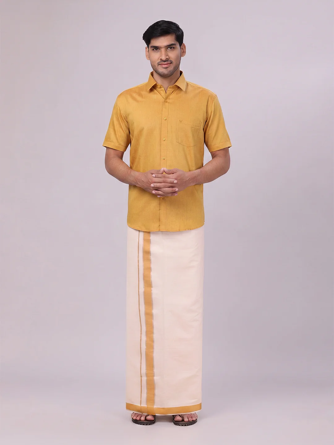 Mens Cotton Mustard Shirt with Tissue Matching Border Dhoti Wedding Combo Kandala - Image 2