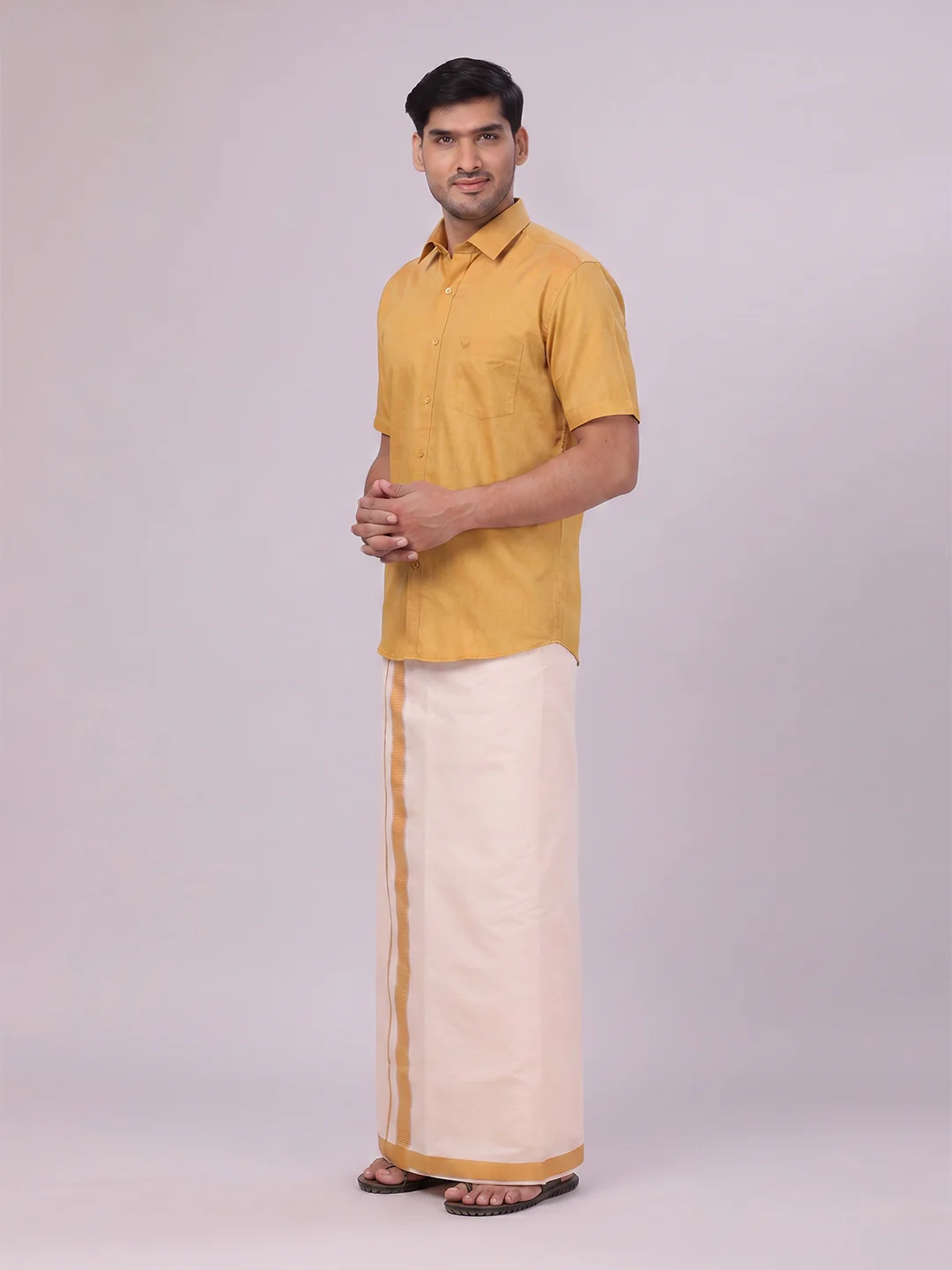 Mens Cotton Mustard Shirt with Tissue Matching Border Dhoti Wedding Combo Kandala - Image 6
