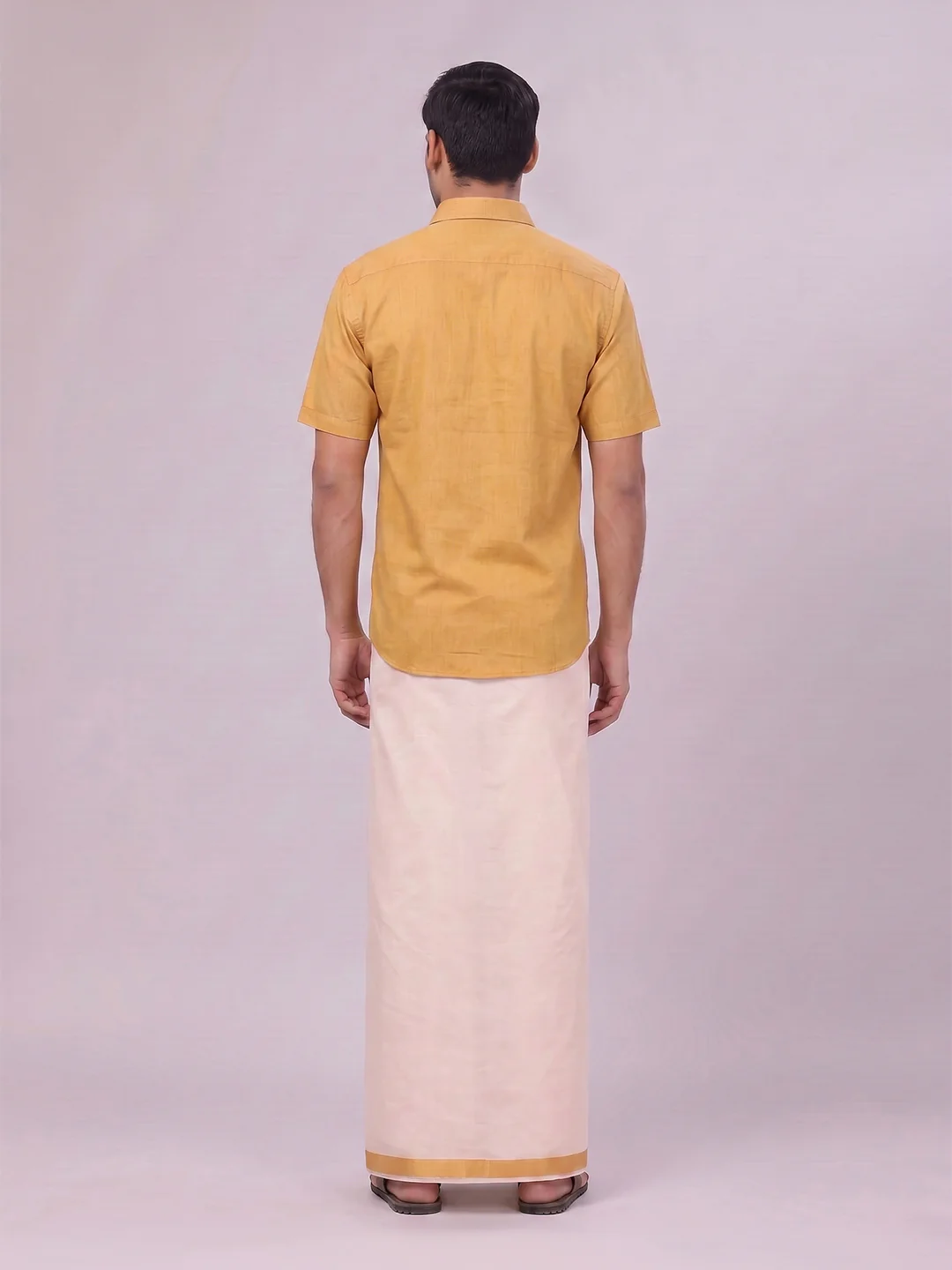 Mens Cotton Mustard Shirt with Tissue Matching Border Dhoti Wedding Combo Kandala - Image 8