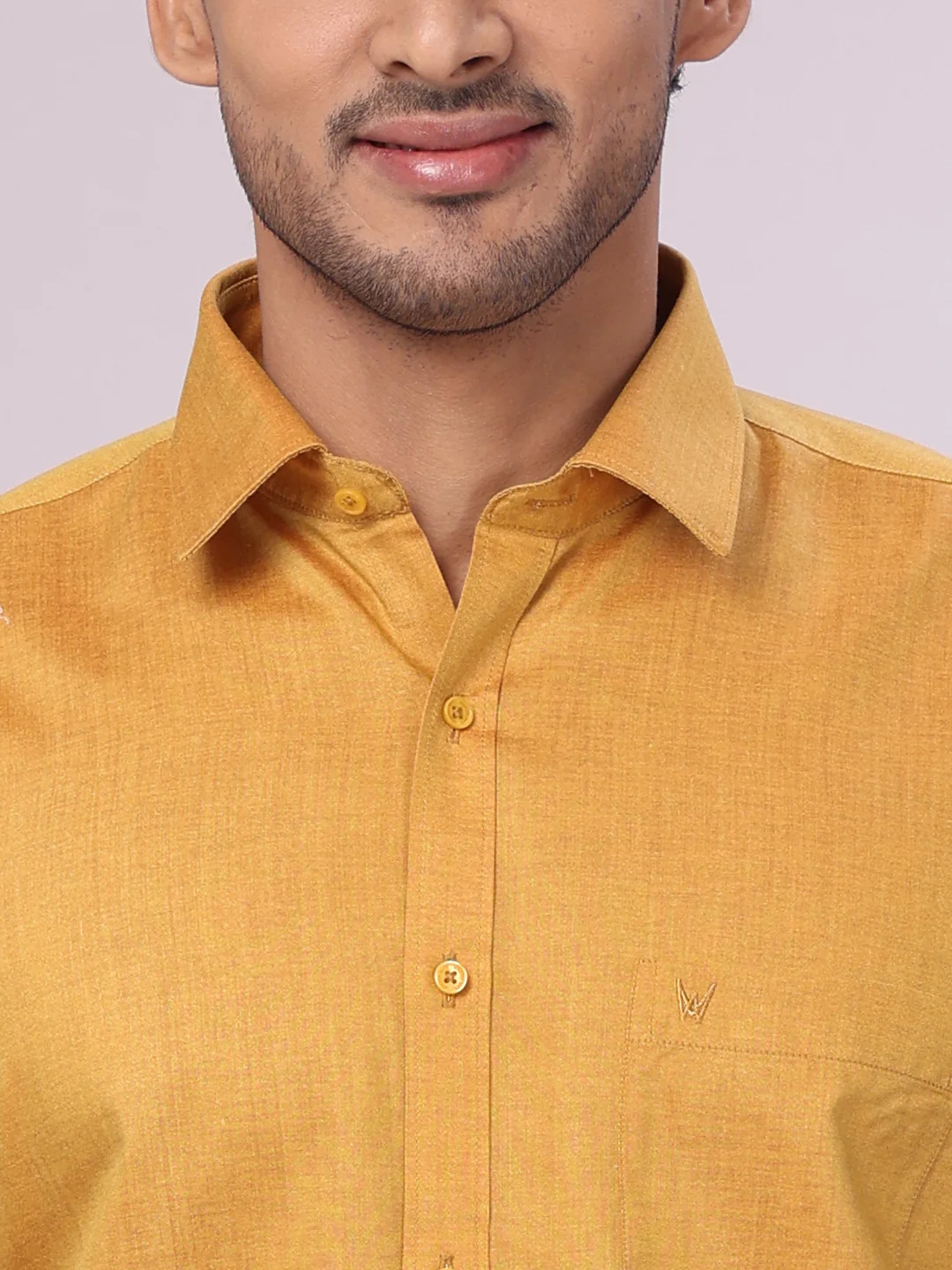 Mens Cotton Mustard Shirt with Tissue Matching Border Dhoti Wedding Combo Kandala - Image 9