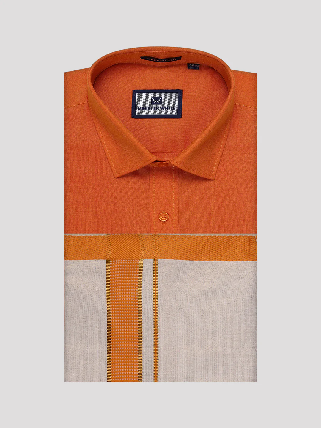 Mens Cotton Orange Shirt with Tissue Matching Border Dhoti Wedding Combo Kandala - Image 10