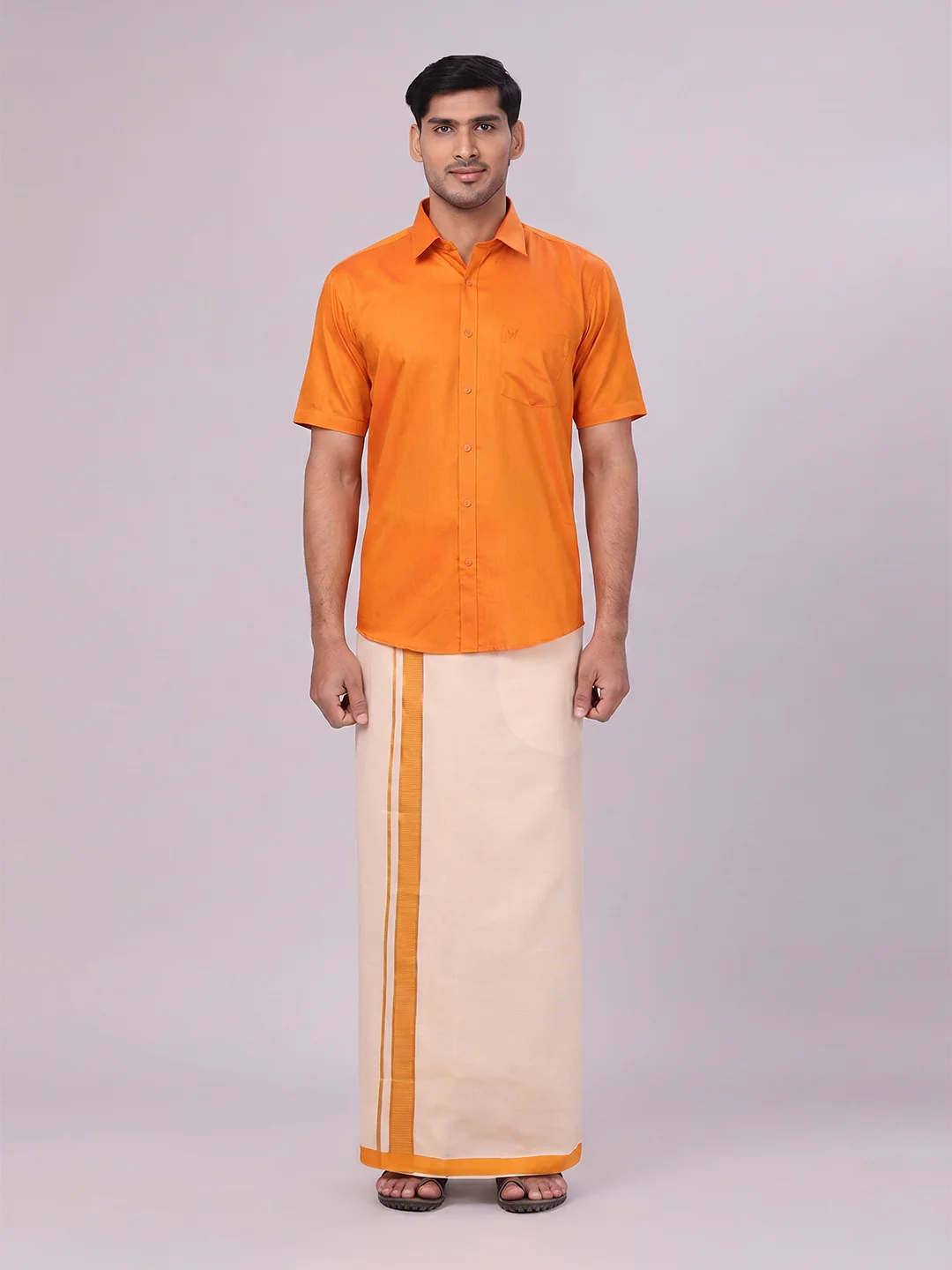 Mens Cotton Orange Shirt with Tissue Matching Border Dhoti Wedding Combo Kandala - Image 2