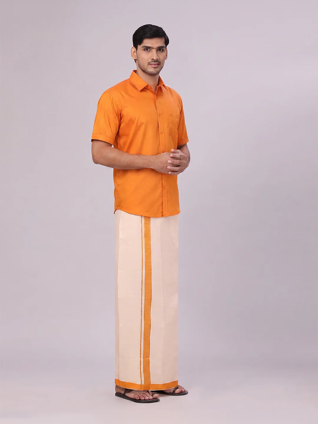 Mens Cotton Orange Shirt with Tissue Matching Border Dhoti Wedding Combo Kandala - Image 3