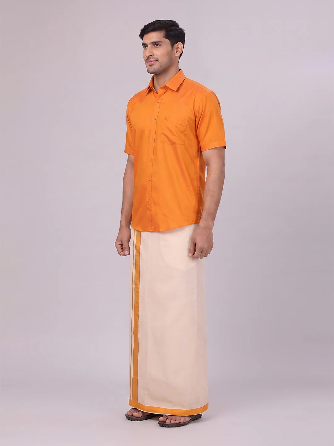 Mens Cotton Orange Shirt with Tissue Matching Border Dhoti Wedding Combo Kandala - Image 6