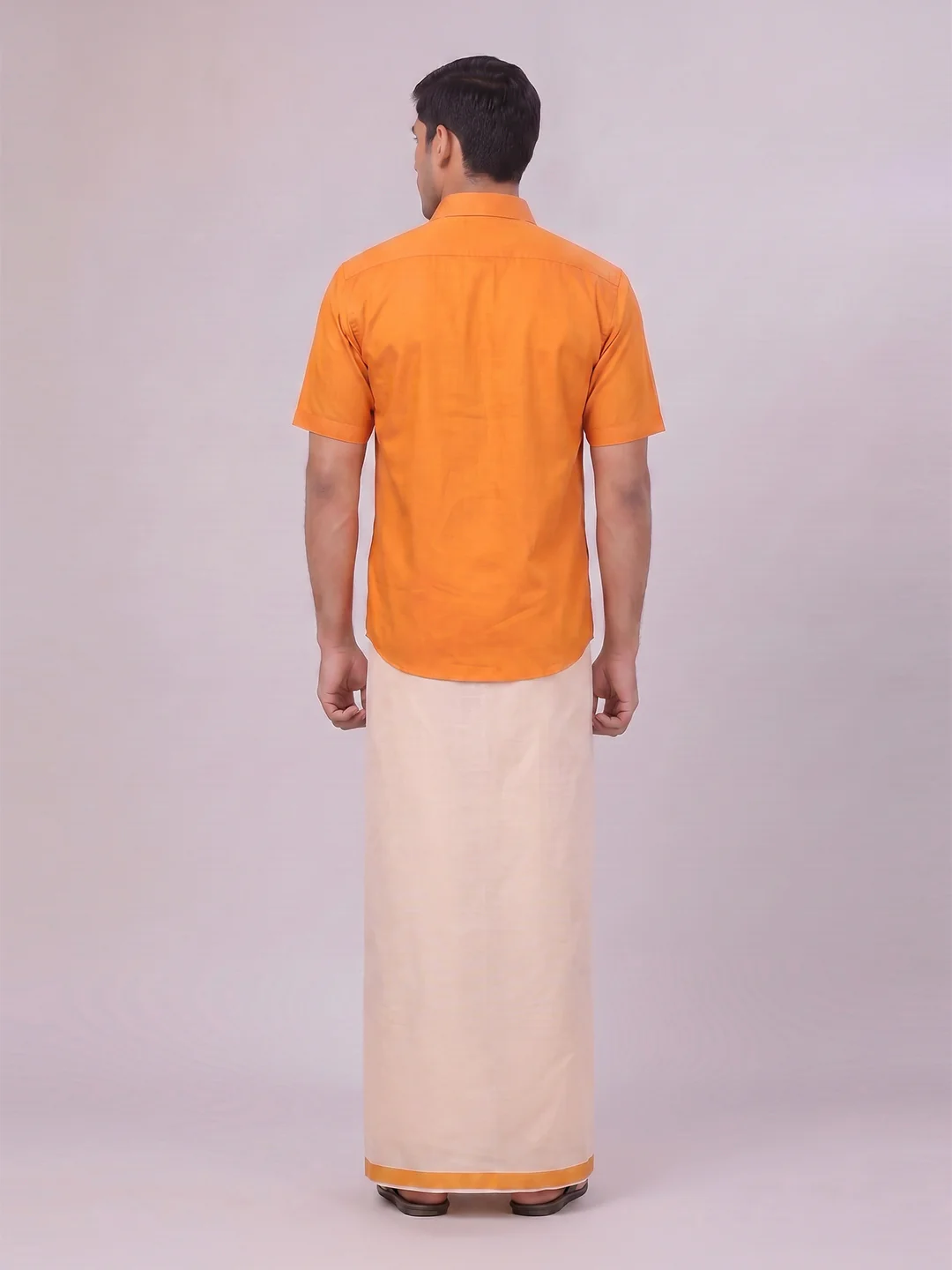 Mens Cotton Orange Shirt with Tissue Matching Border Dhoti Wedding Combo Kandala - Image 8