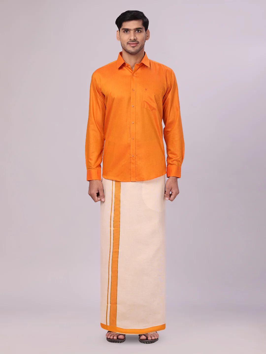 Mens Cotton Orange Shirt with Tissue Matching Border Flexi Dhoti Wedding Combo Kandala