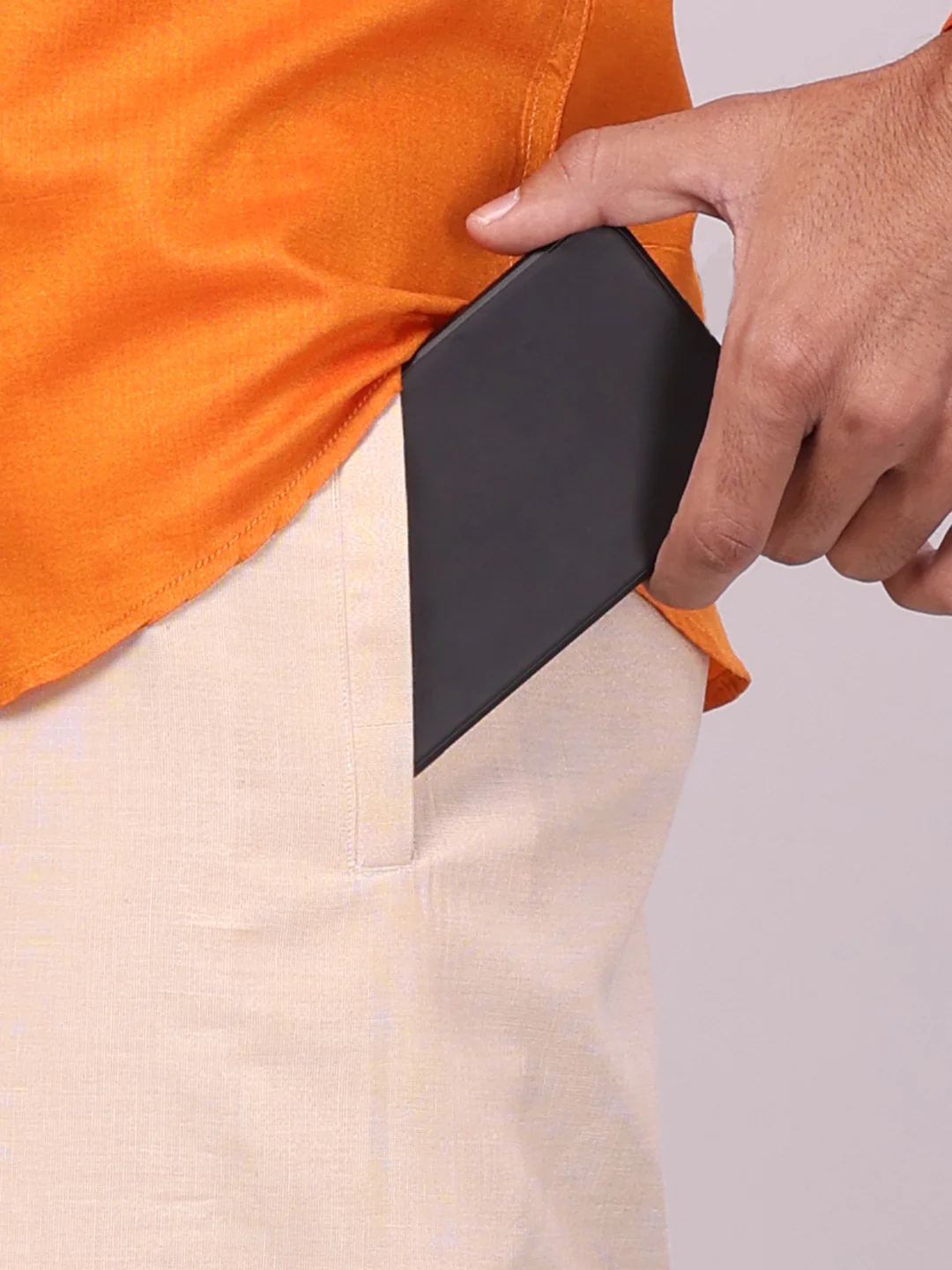 Mens Cotton Orange Shirt with Tissue Matching Border Flexi Dhoti Wedding Combo Kandala - Image 2