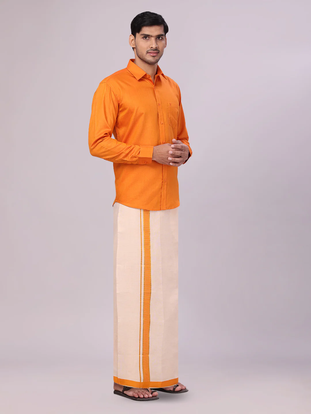 Mens Cotton Orange Shirt with Tissue Matching Border Flexi Dhoti Wedding Combo Kandala - Image 3