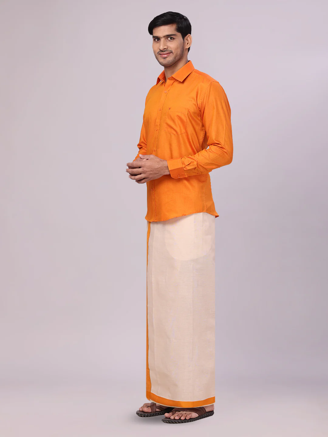Mens Cotton Orange Shirt with Tissue Matching Border Flexi Dhoti Wedding Combo Kandala - Image 4