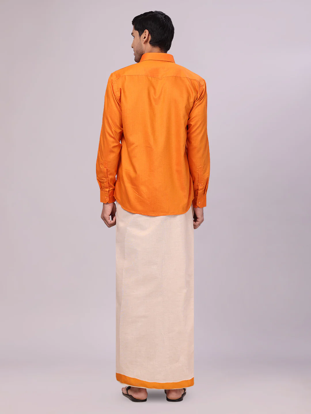 Mens Cotton Orange Shirt with Tissue Matching Border Flexi Dhoti Wedding Combo Kandala - Image 5