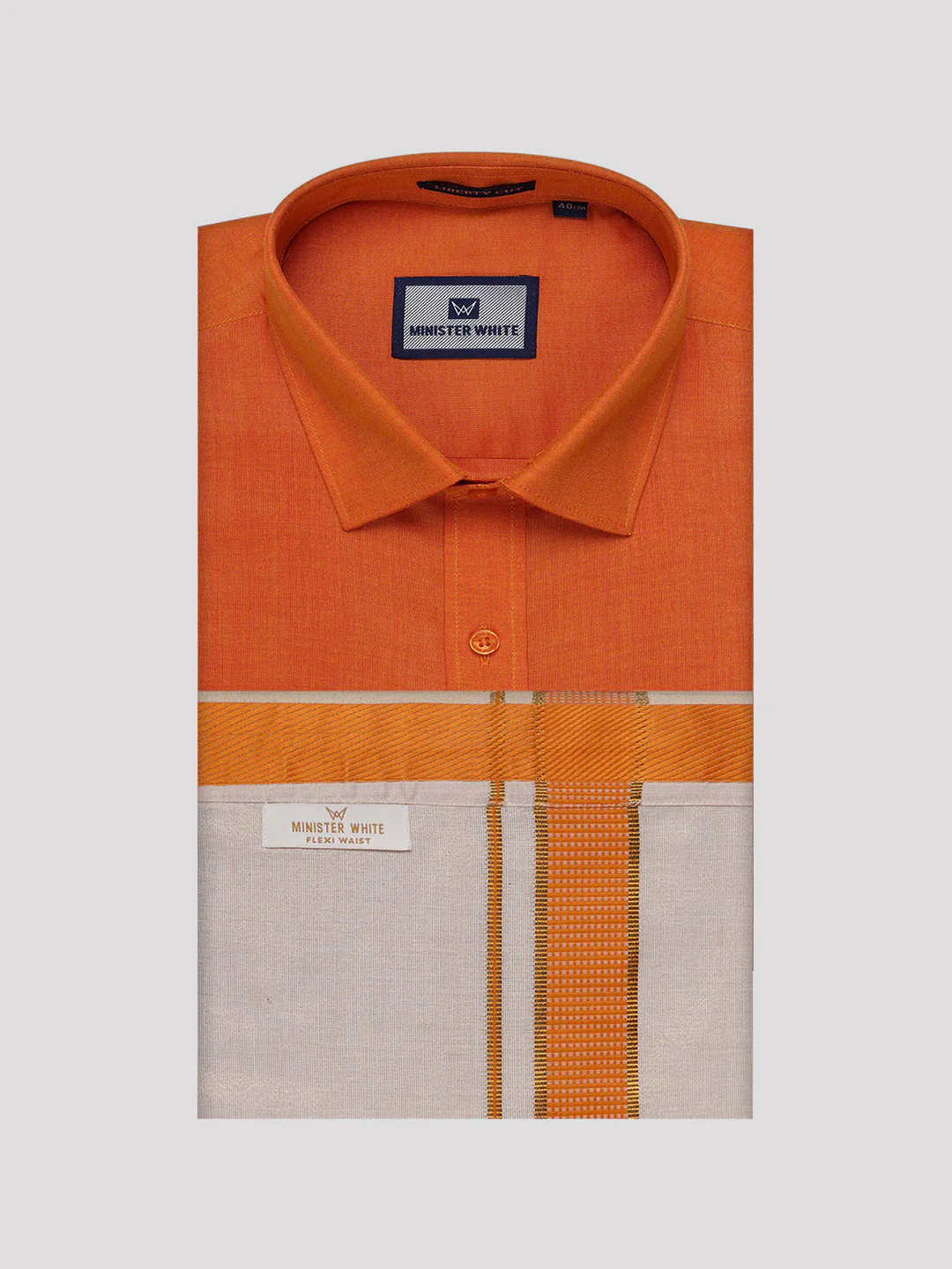 Mens Cotton Orange Shirt with Tissue Matching Border Flexi Dhoti Wedding Combo Kandala - Image 7