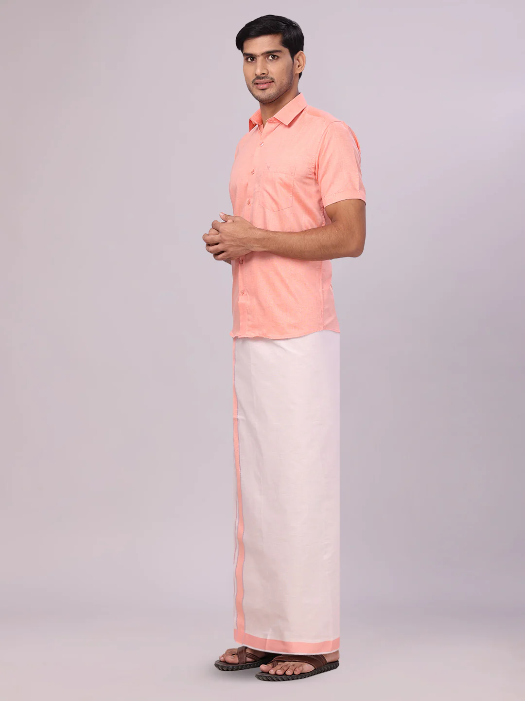 Mens Cotton Peach Shirt with Tissue Matching Border Dhoti Wedding Combo Kandala - Image 2
