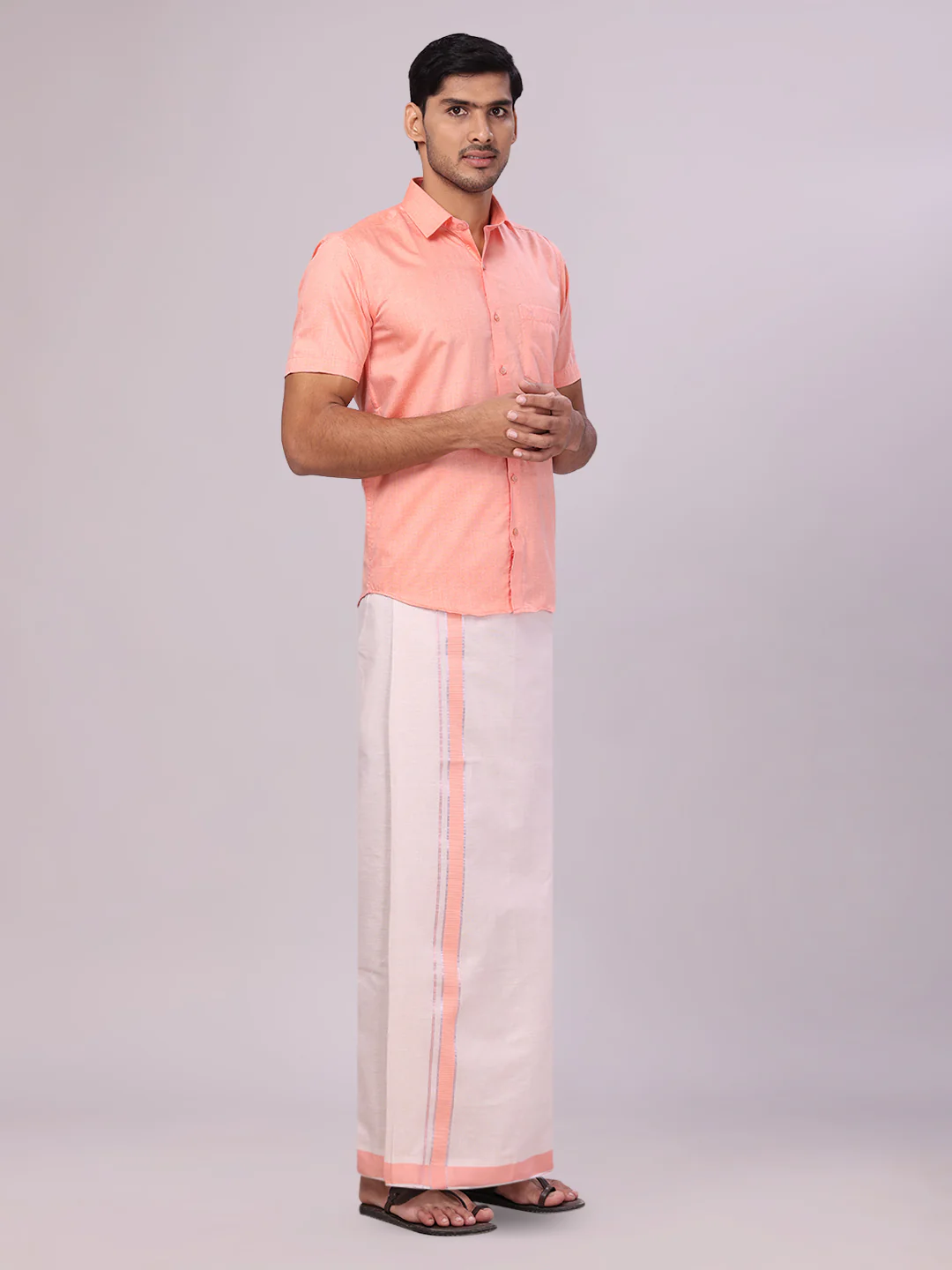 Mens Cotton Peach Shirt with Tissue Matching Border Dhoti Wedding Combo Kandala - Image 3