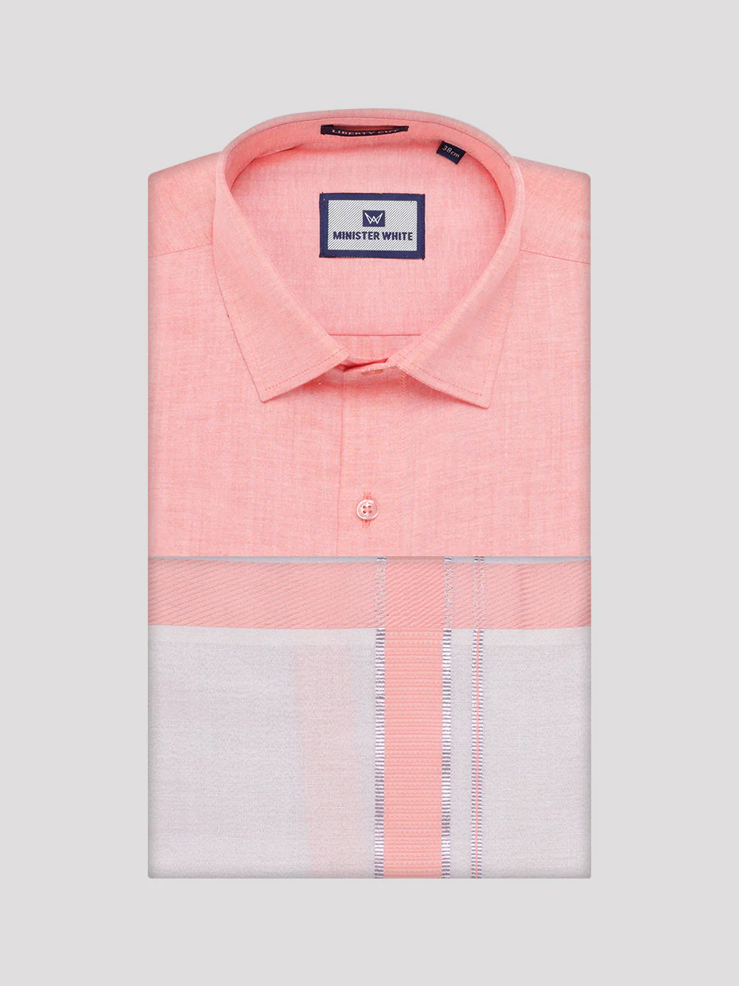 Mens Cotton Peach Shirt with Tissue Matching Border Dhoti Wedding Combo Kandala - Image 6