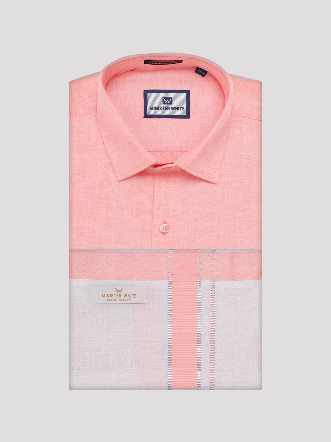 Mens Cotton Peach Shirt with Tissue Matching Border Flexi Dhoti Wedding Combo Kandala