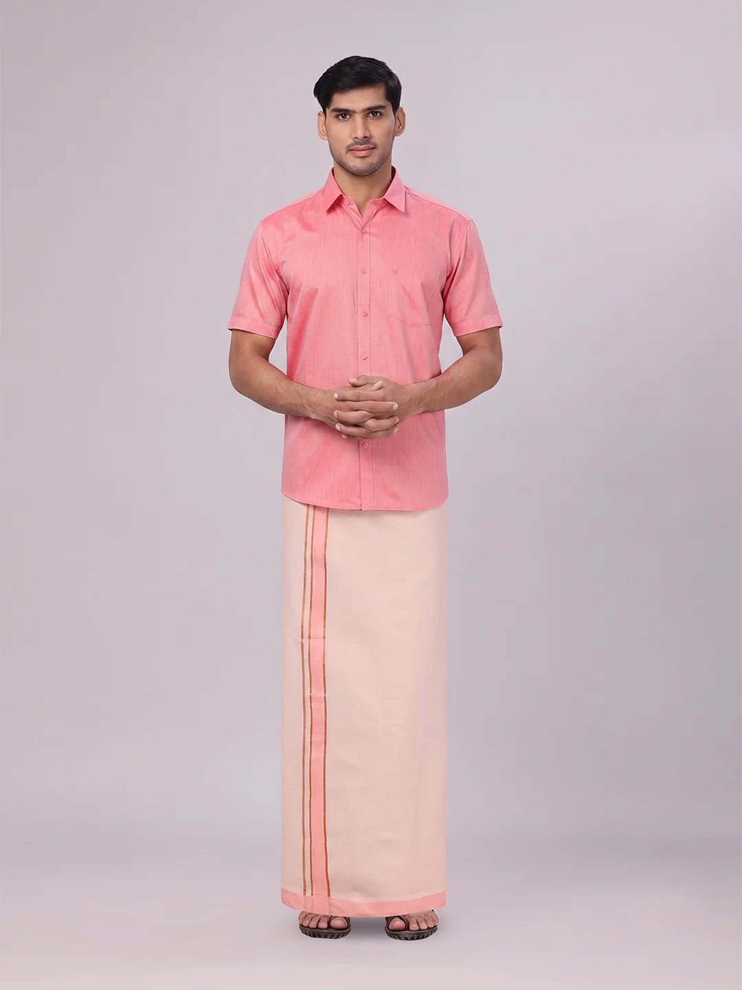 Mens Cotton Pink Shirt with Tissue Matching Border Dhoti Wedding Combo Kandala - Image 2