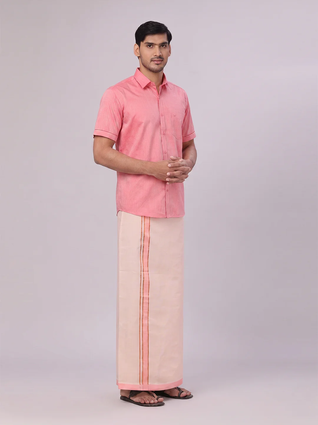 Mens Cotton Pink Shirt with Tissue Matching Border Dhoti Wedding Combo Kandala - Image 3