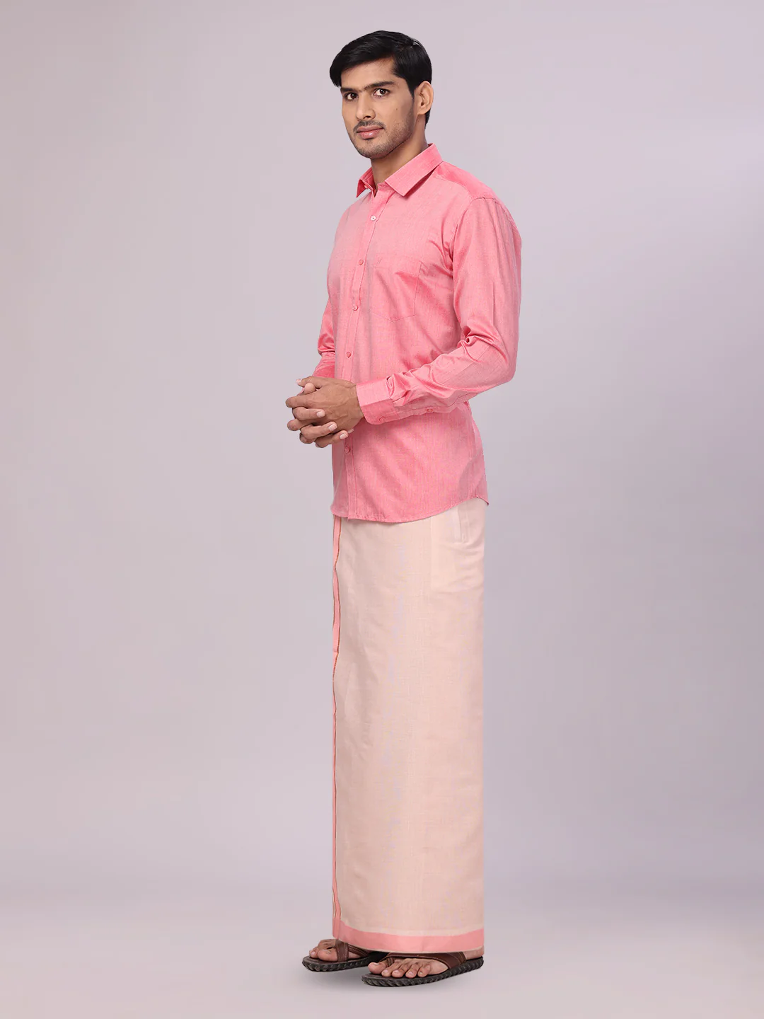 Mens Cotton Pink Shirt with Tissue Matching Border Dhoti Wedding Combo Kandala - Image 5
