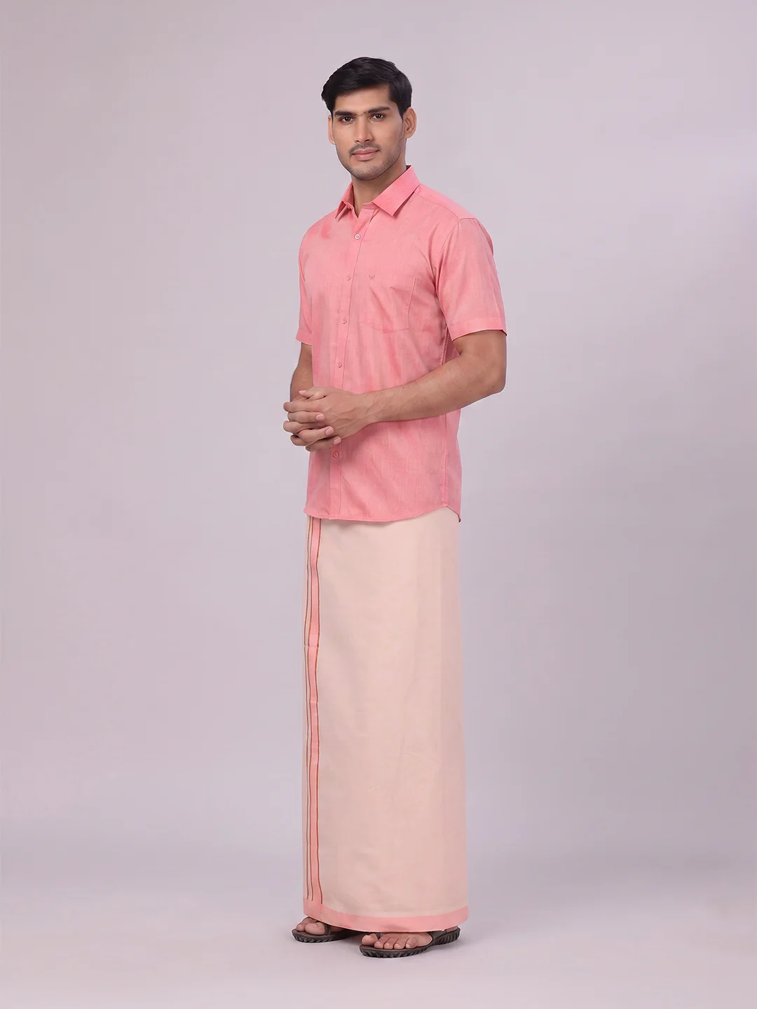 Mens Cotton Pink Shirt with Tissue Matching Border Dhoti Wedding Combo Kandala - Image 6