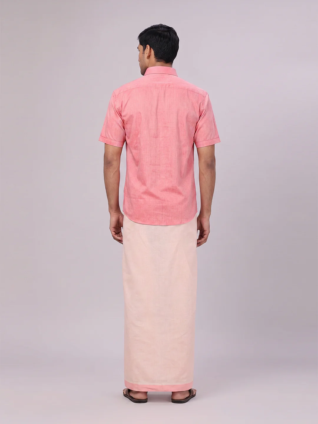 Mens Cotton Pink Shirt with Tissue Matching Border Dhoti Wedding Combo Kandala - Image 8