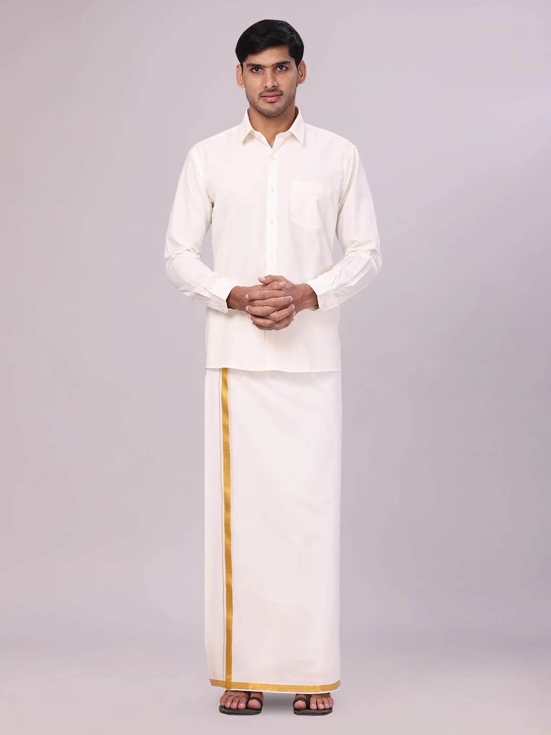 Mens Cotton White Wedding Shirt, Flexi Dhoti & Nerial Combo - Cistus - Image 2