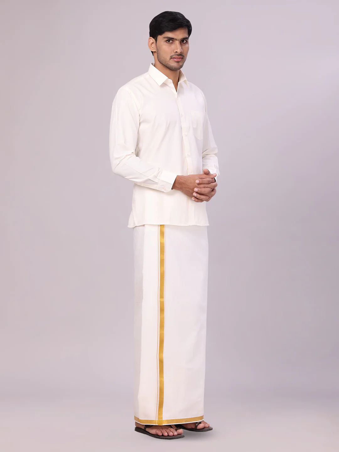 Mens Cotton White Wedding Shirt, Flexi Dhoti & Nerial Combo - Cistus - Image 3
