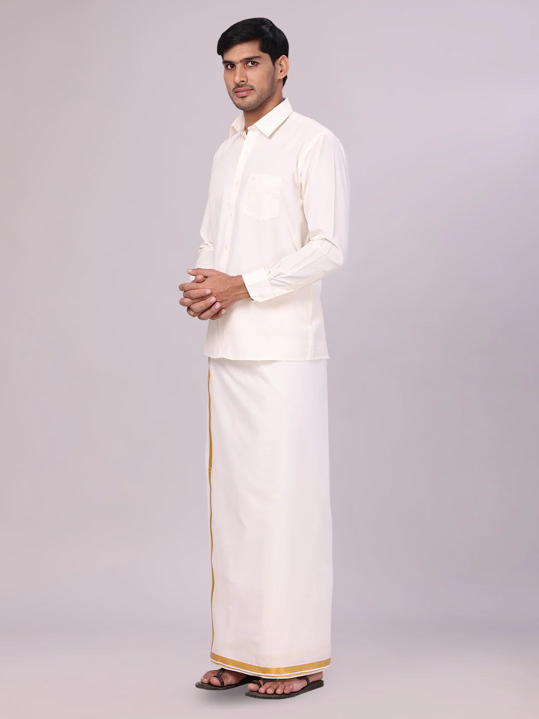 Mens Cotton White Wedding Shirt, Flexi Dhoti & Nerial Combo - Cistus - Image 4