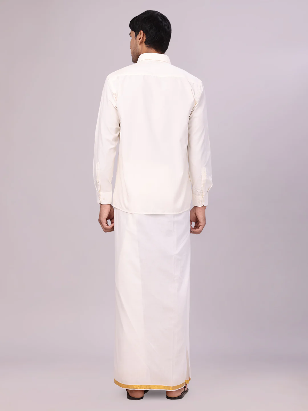 Mens Cotton White Wedding Shirt, Flexi Dhoti & Nerial Combo - Cistus - Image 5