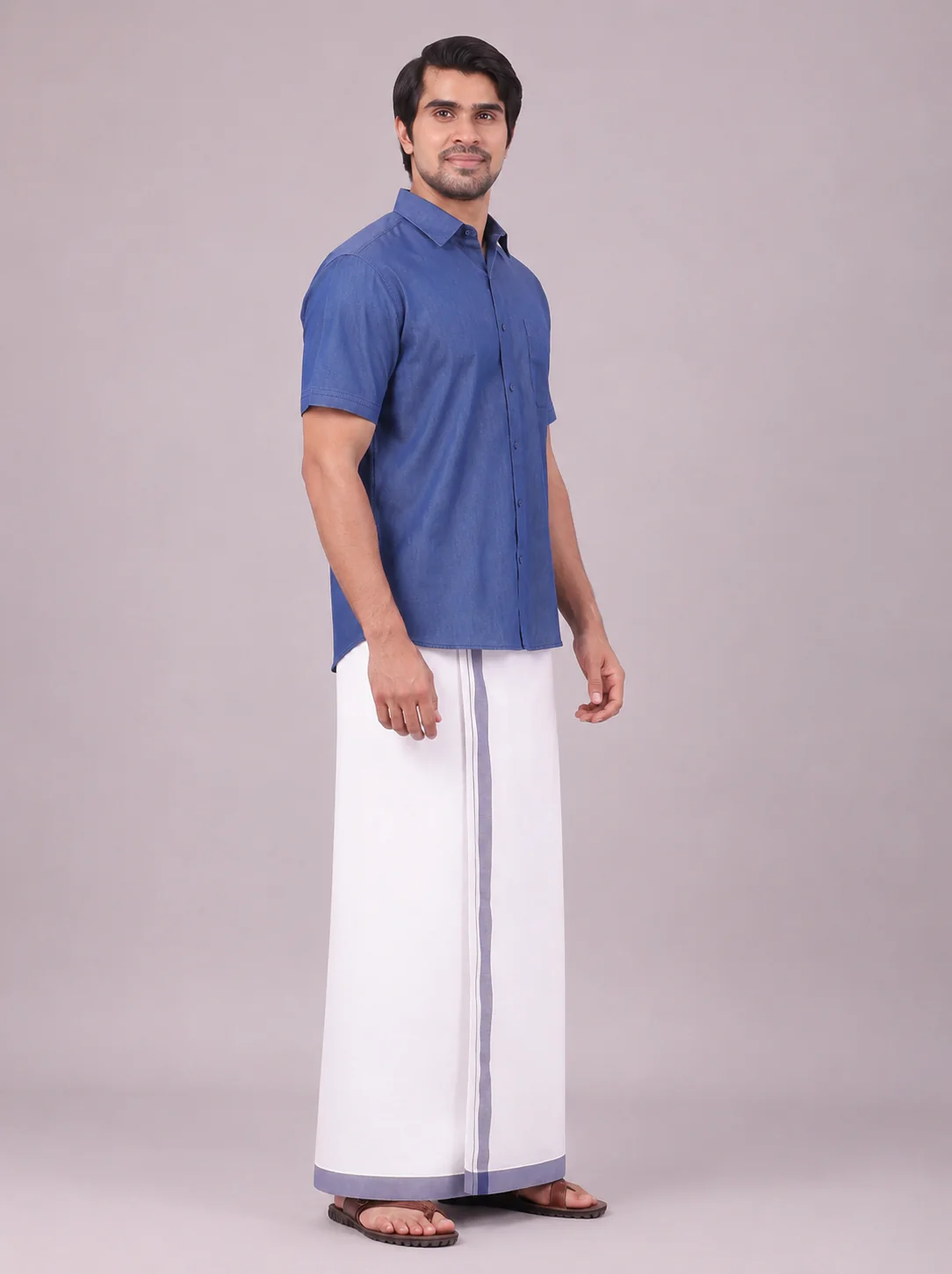 Mens Dark Blue Colour Shirt with Matching Fancy Border Dhoti Combo Lemax - Image 4